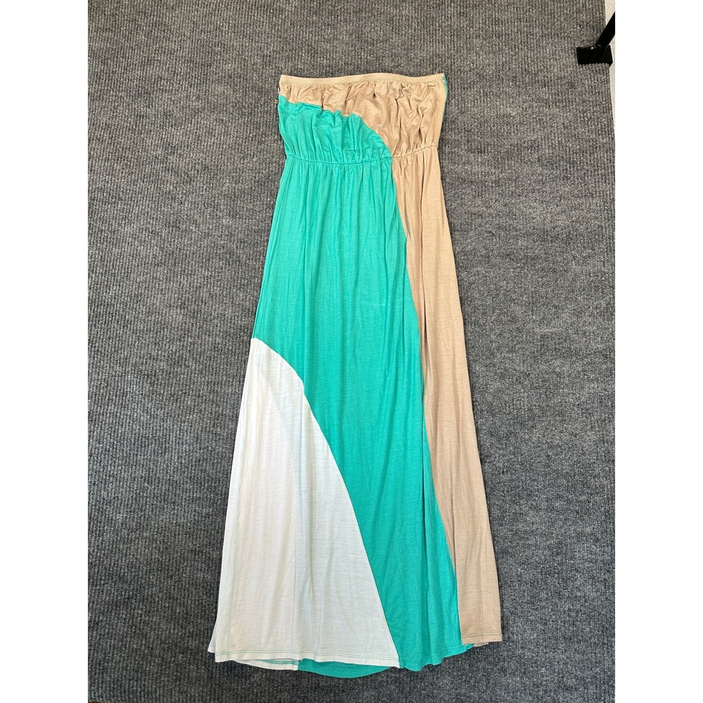 Love J Strapless‎ Colorblock Maxi Dress Medium Teal Tan White Jersey Knit